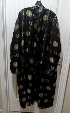 Vintage Lotus Black and Gold Medallion Satin Short Robe Asian Style Size XXL